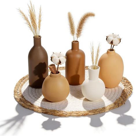 Lot De 5 Vases En Céramique - Tons De Terre Neutres - Décoration Moderne Bohème Et Rustique, Matte Vase Ceramique Pour Salon, Cheminée, Entrée, Vase Décoratif Pour Fleurs Séchées (1/5)