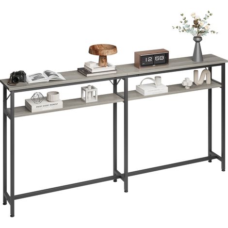 Table console étroite, 180 x 23 x 100 cm, à 2 étages, avec espace de rangement, extra longue, pour entrée, salon, gris (1/5)