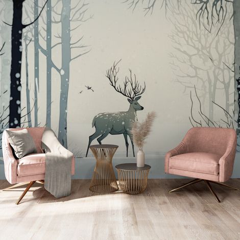 Papier Peint Animaux - Cerf Solitaire en Pays Blanc - 150 x 250 cm (1/2)