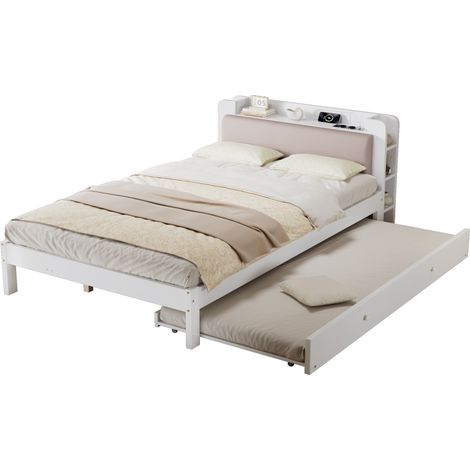 Letto 120x200 cm bianco con letto estraibile 90x190 cm, testiera imbottita con scaffale e stazione di ricarica, soluzione salvaspazio per camera CHICFURN (1/5)