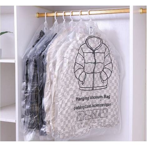 Lot de 4 sacs sous vide suspendus transparents 90 x 67 cm, rangement pour manteaux et vestes, gain de place dans le placard (1/4)