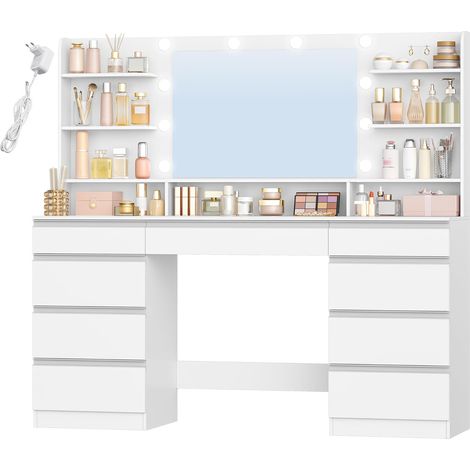 Grande Coiffeuse avec Éclairage LED, 10 Boules Lumineuses LED, 3 Couleurs, Luminosité Réglable, Miroir, 9 Tiroirs, 9 Étagères Ouvertes, Blanc-Argent (1/5)