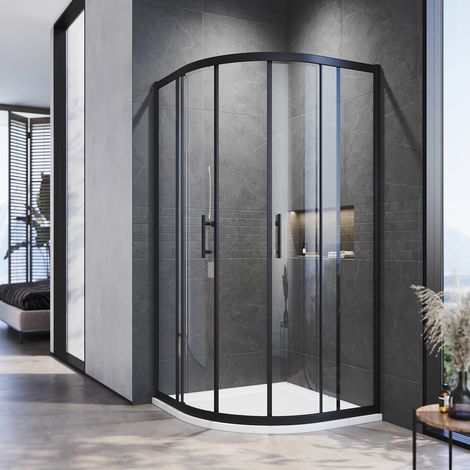 ELEGANT Quadrant Shower Enclosure Black Frame Sliding Cubicle Door 6mm Tempered Glass 900 x 900 mm with White Tray + Waste Tray (Chrome) (1/5)