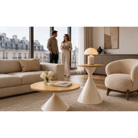 2er-Set runder Couchtische mit Holzoptik-Platte und cremefarbener Metallbasis (1/2)