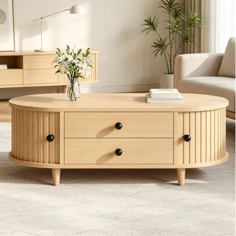 Mesa de centro 100x50x36 cm color madera clara en MDF con puertas enrollables, 2 cajones y patas de madera maciza (1/5)