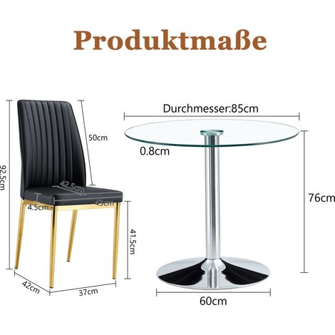 Conjunto de comedor moderno con mesa redonda de vidrio de 85 cm y 4 sillas de PU negras (1/5)