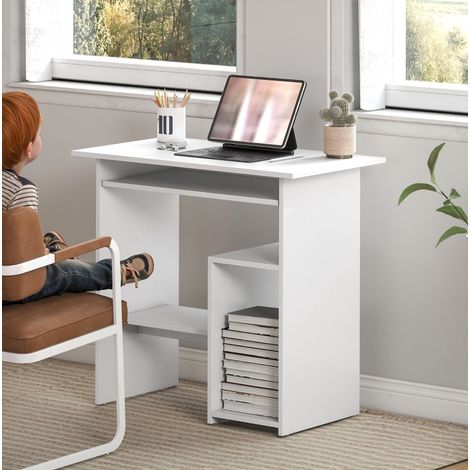 Escritorio para ordenador 80 x 45 x 75 cm con bandeja para teclado y estantes blanco (1/5)