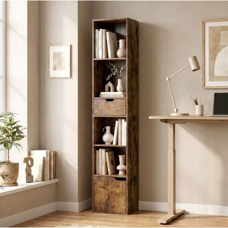 Libreria stretta a 6 livelli in legno marrone con cassetto e armadietto (1/5)