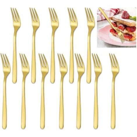 Fourchette à Dessert - Dorée - Acier Inoxydable - Lot de 12 - 14 cm - Pour Enfants (1/4)