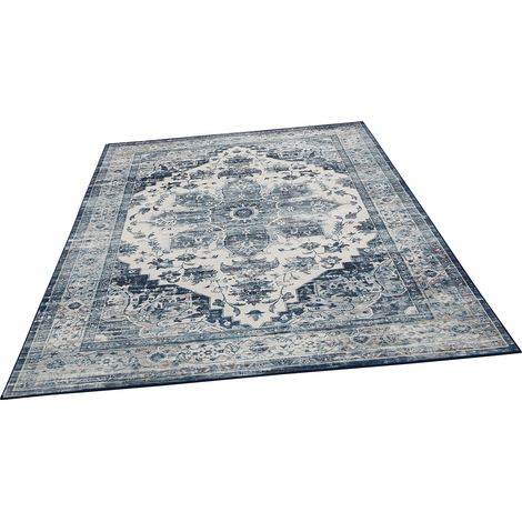 Tapis Vintage Oriental Lavable 120x170 cm – Antidérapant, Imperméable & Résistant aux Taches – Style Rustique pour Salon, Chambre, Cuisine – Bleu (1/5)