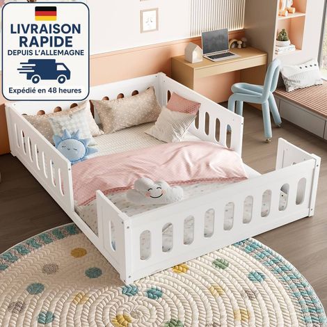 Lit enfant en Blanc - Lit plateforme en bois avec garde-corps - Bois Certifié PEFC- 140x200 (1/5)