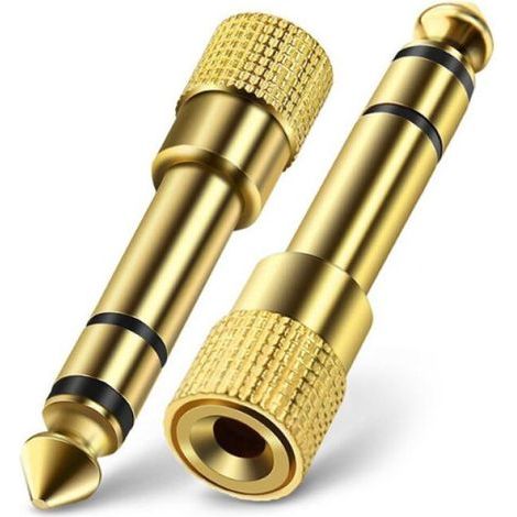 Un ensemble de deux adaptateurs jack audio stéréo femelles 3,5 mm vers mâles 6,35 mm, plaqués or (1/5)