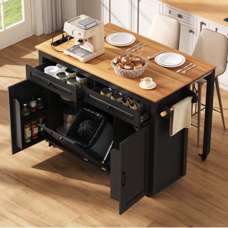 Isola da cucina mobile su ruote, piano di lavoro estensibile, nero DESVIAE (1/5)