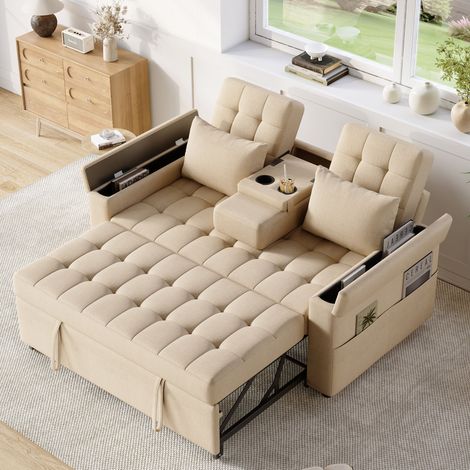 Schlafsofa 159x142.5x92 cm Beige Baumwoll-Leinen mit Stauraum und verstellbarer Rückenlehne (1/5)