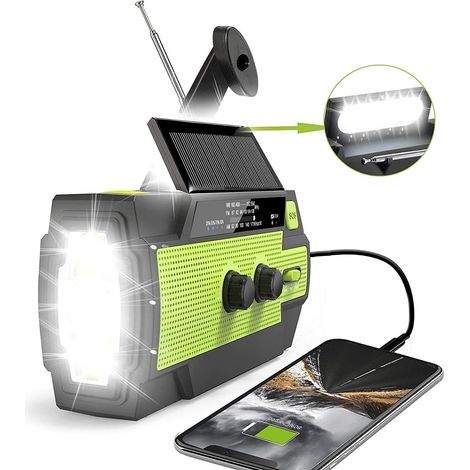Radio solaire d'urgence à manivelle, radio météo portable AM/FM 4000 mAh, lampe torche verte (1/2)