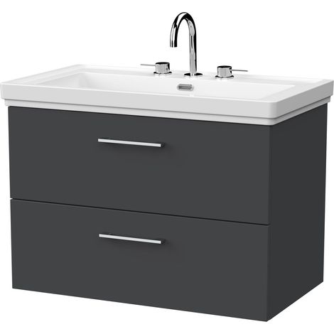 Pershall Contemporary Wall Hung 2 Drawer Vanity Unit with Traditional 3 Tap Hole Fireclay Basin, 800mm, Dark Grey