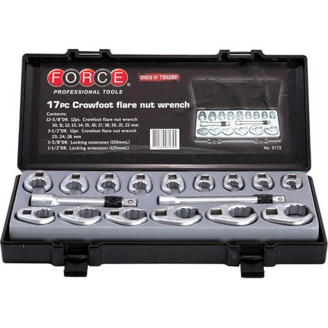 Clé à tuyauter Crowfoot 12 pans – Coffret de 15 embouts 10-26 mm – Rallonges verrouillables 3/8 et 1/2 – Pour espaces restreints – Force (1/2)