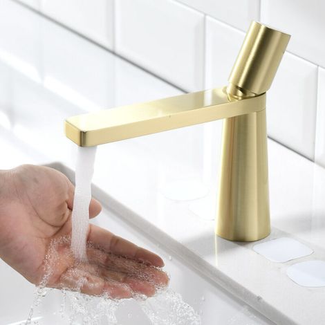 JOORRTRobinet de salle de bain  Robinet de bassin en cuivre pur durable au design moderne avec mélangeur d'eau chaude et froide réglable - Or brossé (1/4)