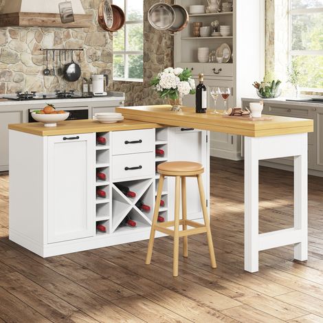 Îlot central pivotant 360° avec rangements modulables de 120 à 223 cm, porte-bouteilles amovible, porte-sac poubelle et tablettes latérales pour collations, blanc et noir (1/5)