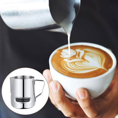Pot à mousse de lait - 350 ml - Pot à lait pour cafetière - Tasse à mousse de lait avec thermomètre - Cuiseur vapeur en Étiquette (1/5)