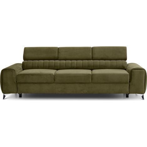 Canapé convertible velours LOZA - Appuis-tête réglables et pieds acier chromé-Vert olive (1/5)