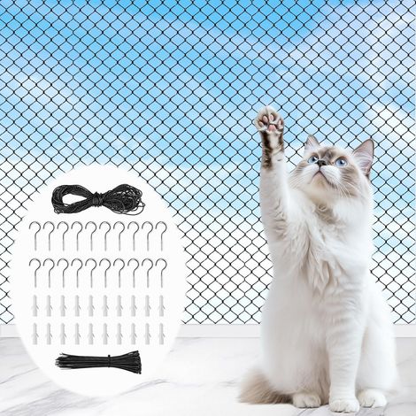 4 x 3m Filet Chat Balcon avec Corde, Crochet Fixation, Vis, Grillage Fenetre Sécurité Renforcé, Filet Protection Chat Sans Percage, Filets Chats pour Terrasses, Fenêtres, Balcons, Couloirs (Noir) (1/5)