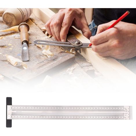 Règle à tracer inox 400mm, équerre de marquage d'angle, outil de mesure charpente, guide de traçage acier inoxydable, accessoire menuiserie professionnel. (1/5)