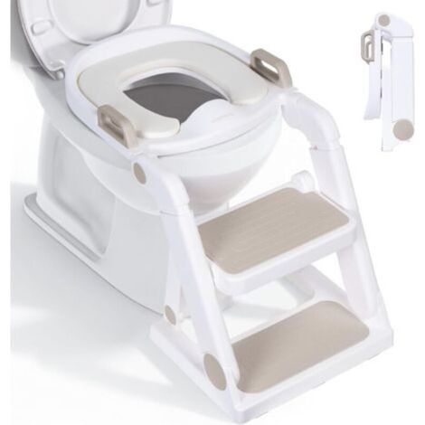 Reducteur Toilette Enfant avec Marche Beige à Partir de 18 Mois - Rehausseur Toilette Pour Garçons et Filles - Pliable Adaptateur WC pour Enfant avec Réglage en Hauteur Continu