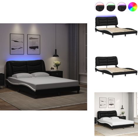 Cadre de lit avec LED sans matelas noir et blanc 120x200 cm - Lit Plateforme - Lit Design - Cadre Lit Moderne - Tête De Lit Rembourrée - Éclairage Led (1/5)