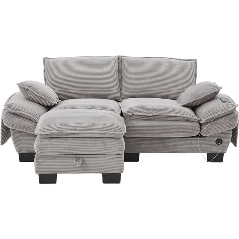 Divano modulare a 2 posti in tessuto corduroy con pouf, grigio chiaro (1/5)