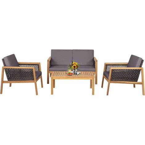 COSTWAY 4Pcs Patio Acacia Wood Furniture Set Outdoor PE Rattan Conversation Set (1/5)