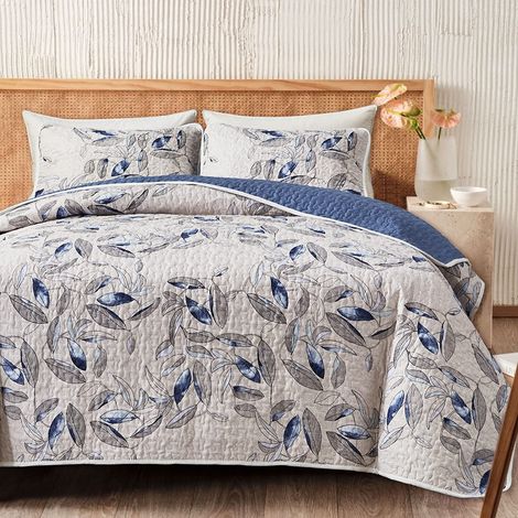 Parure de lit 3 pièces en Microfibre, Motif Feuilles Bleues botaniques sur Gris Clair, Couvre-lit pour Toutes Les Saisons, 1 Couette et 2 taies d'oreiller (lit Double/Grand lit, 228,6 x 228,6 (1/5)