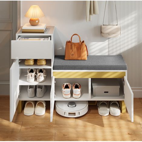Schuhschrank 120x35x85 cm Weiß MDF mit Sitzbank, Schublade, Türen und offenem Fach (1/5)