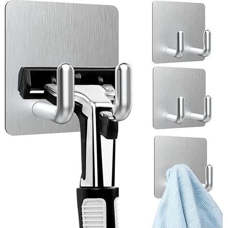 4 Pièces Crochet Adhésif Mural (Forte Adhérence), Poids Lourd Inox Accroche Serviette Salle de Bains, Crochet torchon cuisine, Auto-Adhesif sans Percer Hook pour Cuisine, Salon,Bureau -Argent (1/5)
