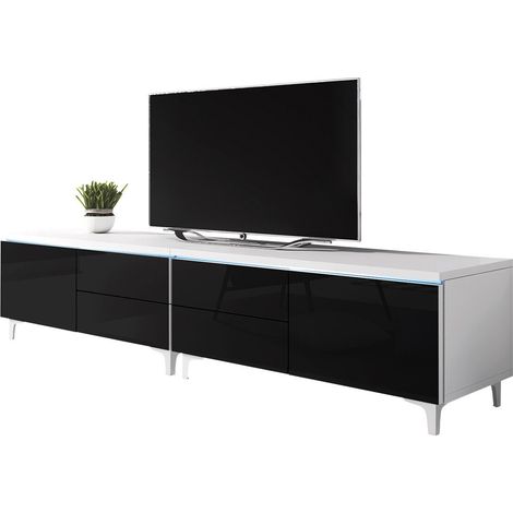 Mueble TV Hortus I, Blanco + Negro brillante, Número de puertas: 2, Número de cajones: 4, 200x43x45cm, LED