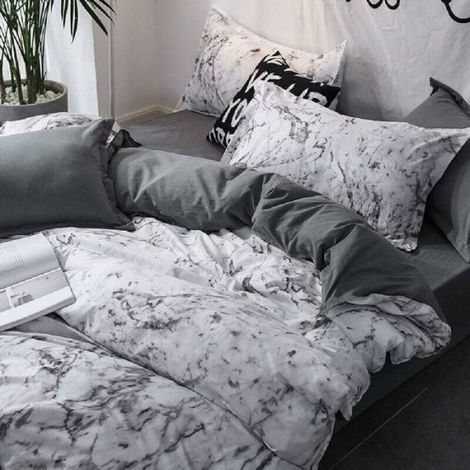 Parure de Lit Marbre Blanc et Gris Anthracite -Pour Lit Double - Motifs Imprimés Des Deux Côtés - Avec Housse À Fermeture Éclair(1 (1/4)