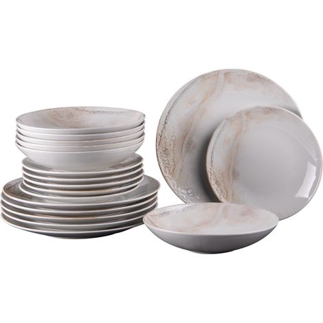 Service d'assiettes 18 pièces en grès Mojave – 6 assiettes plates 27 cm, 6 assiettes creuses 22 cm, 6 assiettes à dessert 21 cm – Couleur beige – Table Passion