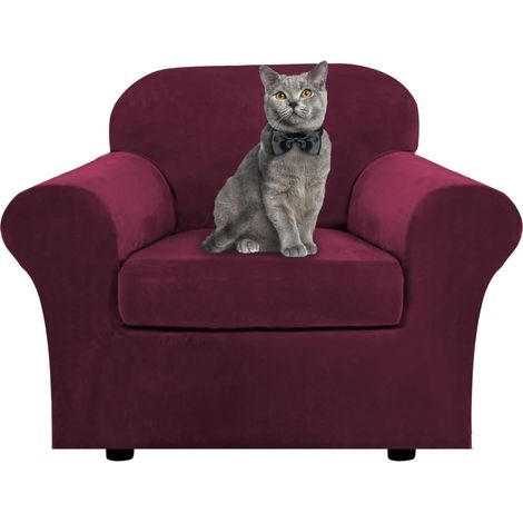 Soft stretch velvet sofa cover with separate cushion covers for 1, 2, 3 seater sofas with anti-slip strap for living room, bedroom (wine red, 1 seater) (1/5)