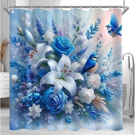 Rideau de douche 180 x 200 cm - Motif oiseau bleu - Ourlet lesté - Anti-moisissure - Imperméable - Lavable - En polyester - Avec 12 œillets et anneaux de rideau de douche - Pour salle de bain (1/5)
