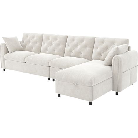 Canapé d'angle en velours beige avec coffre de rangement et assise modulable 281x86x71 cm (1/5)