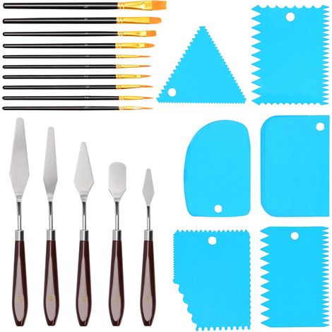 Spatule en plastique bleu avec pinceau nacré, 5 couteaux à palette, 6 couteaux grattoirs et 10 pinceaux nacrés, accessoires d'art pour peinture à l'huile (1/5)