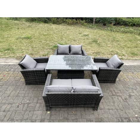 Fimous Rattan Outdoor Furniture Adjustable Rising Lifting Rectangle Dining Table Chairs Two Seater Love Sofa Sets 6 Seater (1/5)