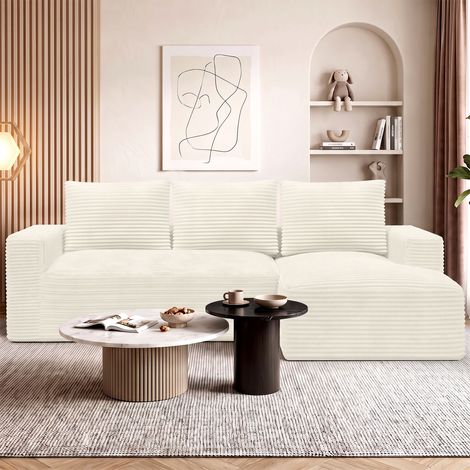 Canapé d'angle Convertible - Xhomrattan - 4 Places - Sans Installation - Canapé en L Droit - Velours Côtelé - Scandinave - Beige