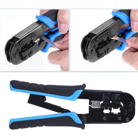 Pince à sertir pour câbles réseau RJ45/RJ11 avec tête à cristal 8 et 6 broches pour sertir, couper et dénuder l'isolant (1/5)