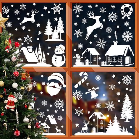 Autocollants de Noël pour fenêtres, autocollants blancs de Noël, autocollants sapin de Noël, autocollants rennes de Noël, décorations de Noël pour fenêtres, autocollants statiques pour vitres - [Quatr