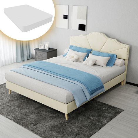 Lit double adulte 140x200 cm en bois beige, facile à monter pour chambre, avec matelas FloraGrace (1/5)