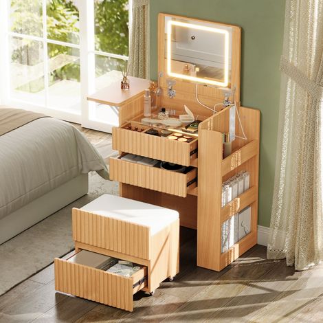Coiffeuse fonctionnelle 79×40×120 cm, miroir rabattable à LED, ports USB-C, 3 tiroirs, table rabattable accompagnée d’un tabouret à roulettes, naturel (1/5)