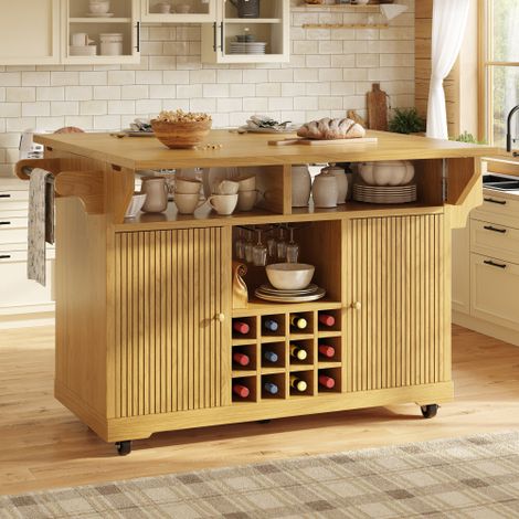 Carrello di servizio multifunzionale, carrello da cucina con vano portaoggetti, ripiani regolabili e portabottiglie, tavolino mobile per sala da pranzo, soggiorno e balcone, marrone naturale. (1/5)