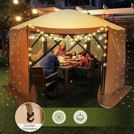 Tonnelle 350 x 350cm à Ouverture Instantanée 6 Côtés avec Parois en Maille 2 Pare-Vent Amovibles Sac de Transport pour 8 à 10 Personnes Café (1/2)