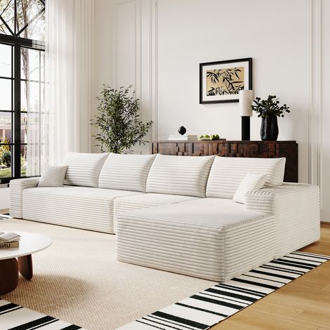 Divano angolare a destra modulare a 4 posti in velluto a coste, comprimibile senza montaggio, imbottitura in schiuma ad alta resilienza, 340x175x83 cm, beige (1/5)